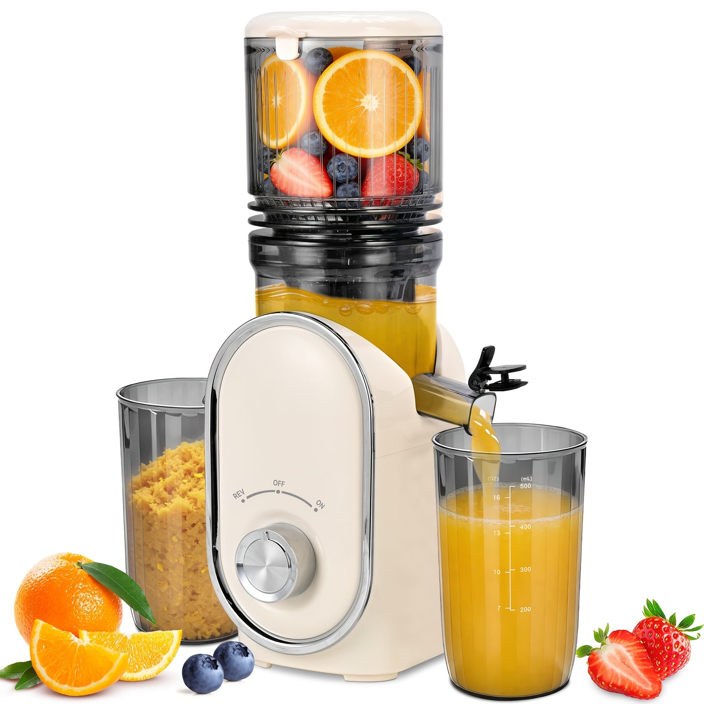 5.2" XL Wide Chute Cold Press Juicer & Blender 2-in-1 | Whole Fruit Slow Masticating Juicer, High Yield Smoothie Maker, Easy Clean, Portable Shake Blender for Healthy Kitchen, Plastic, Square Shape, Plug Powered, 110V-120V, 1