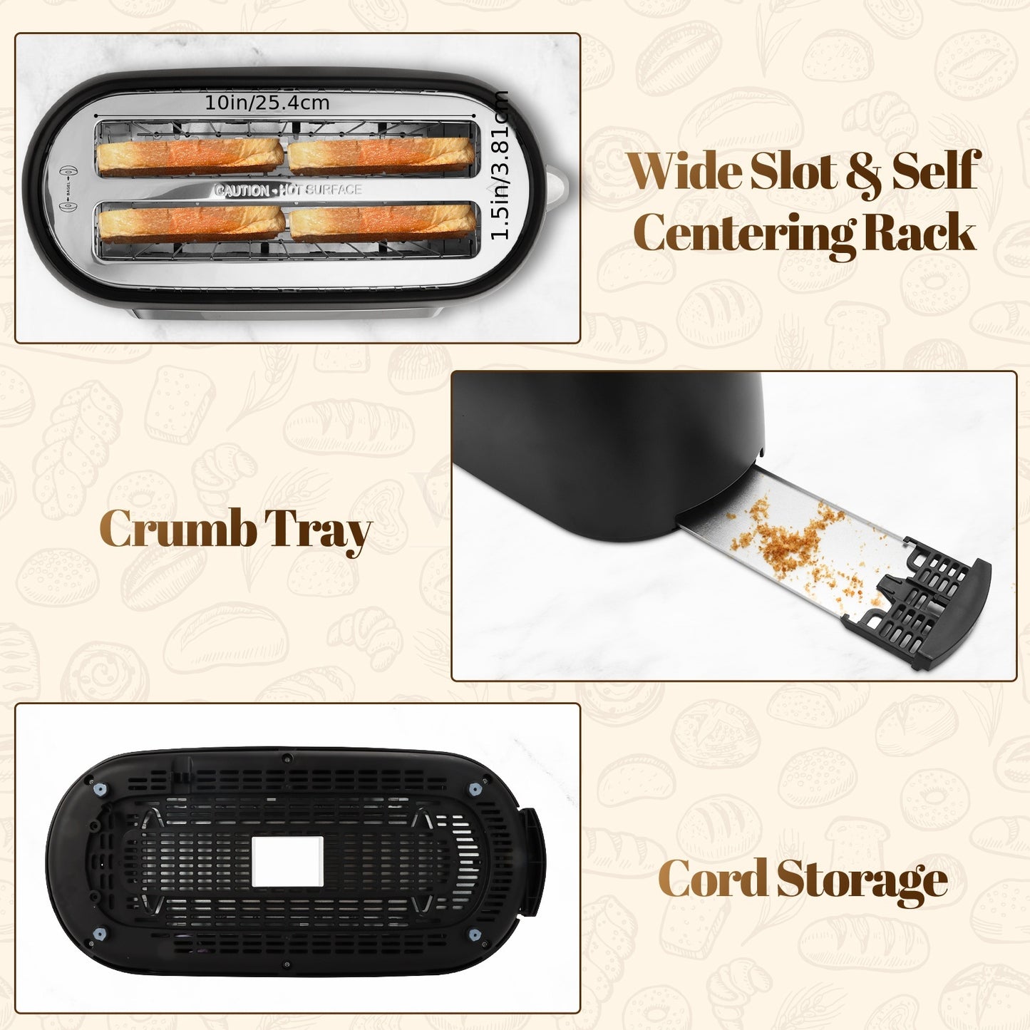 4 Slice Toaster With Touch Screen Control, 1.5" Wide Long Slots, 6 Browning Levels & 6 Bread Types, Digital Timer, Memory, Defrost, Reheat (BLACK)