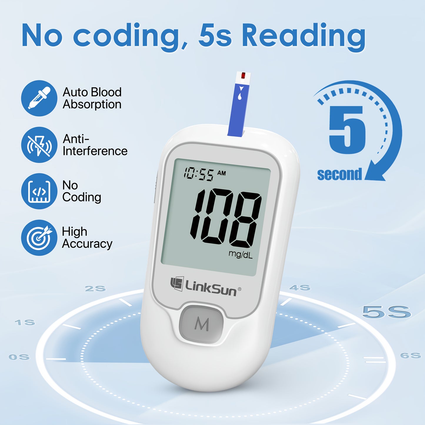 LINKSUN Blood Glucose Monitor Kit With 100 Strips And Lancets