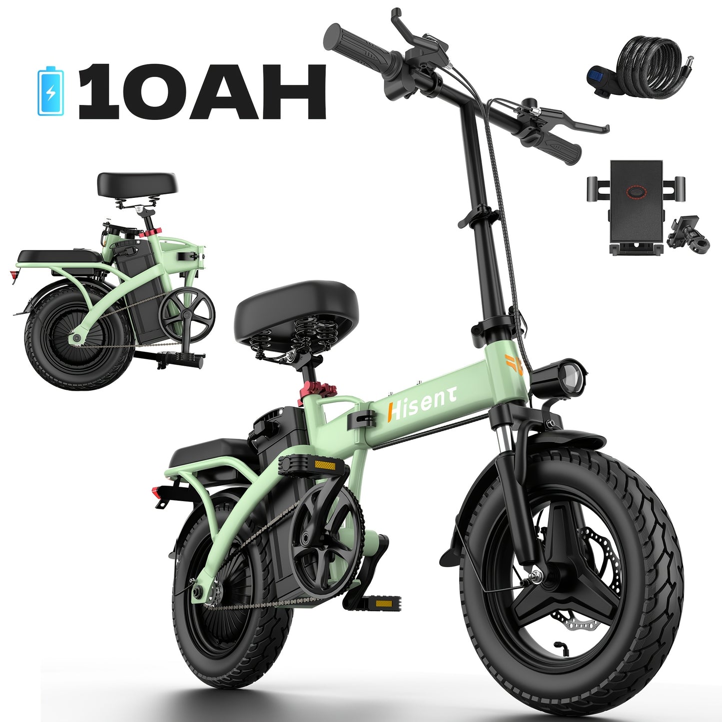 Hisent Adult Folding Electric Bike | 500W Rated, 740W Brushless Motor, 48V 6Ah/10Ah/15Ah/17.5Ah Lithium Battery, 8-32 Miles Range, 14 High-quality Tires, Alloy Steel Frame, LCD Display, Front and Rear