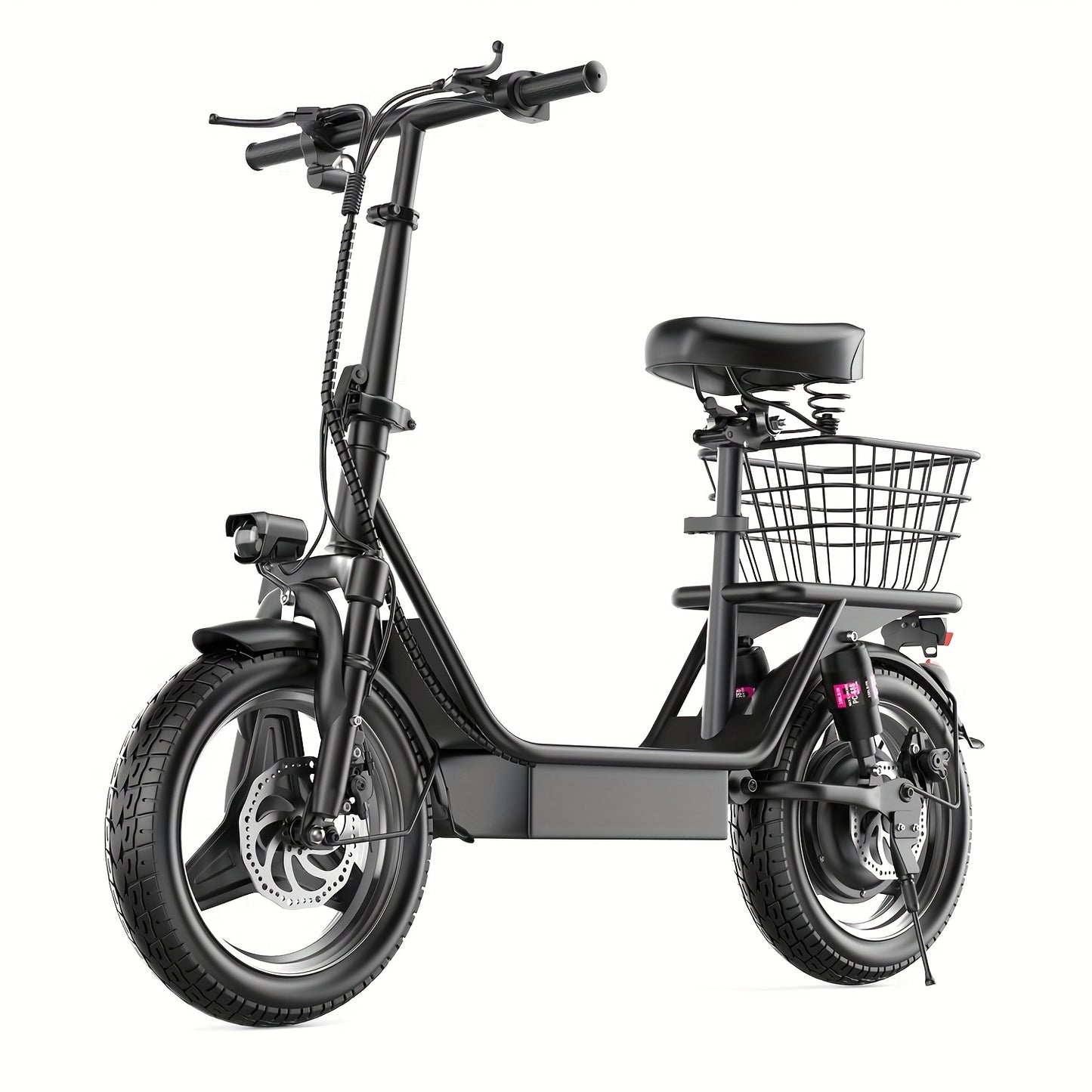 Electric Scooter for Adults Featuring a 650W/350W Peak Motor, Capable of Covering Distances of 21 to 30 Miles. It Includes a Seat, Box, And Basket, Along with Disc Brakes. The Scooter Operates on a 48V 15A Or 36V 7.5A System