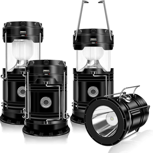 4-Pack Solar Camping Lantern, Collapsible LED Solar USB Rechargeable Lantern, IPX4 Waterproof Flashlight Emergency Hanging Lights for Camping Hurricane Equipment Power Outages Supplies Storm Survival Kit Indoor Outdoor