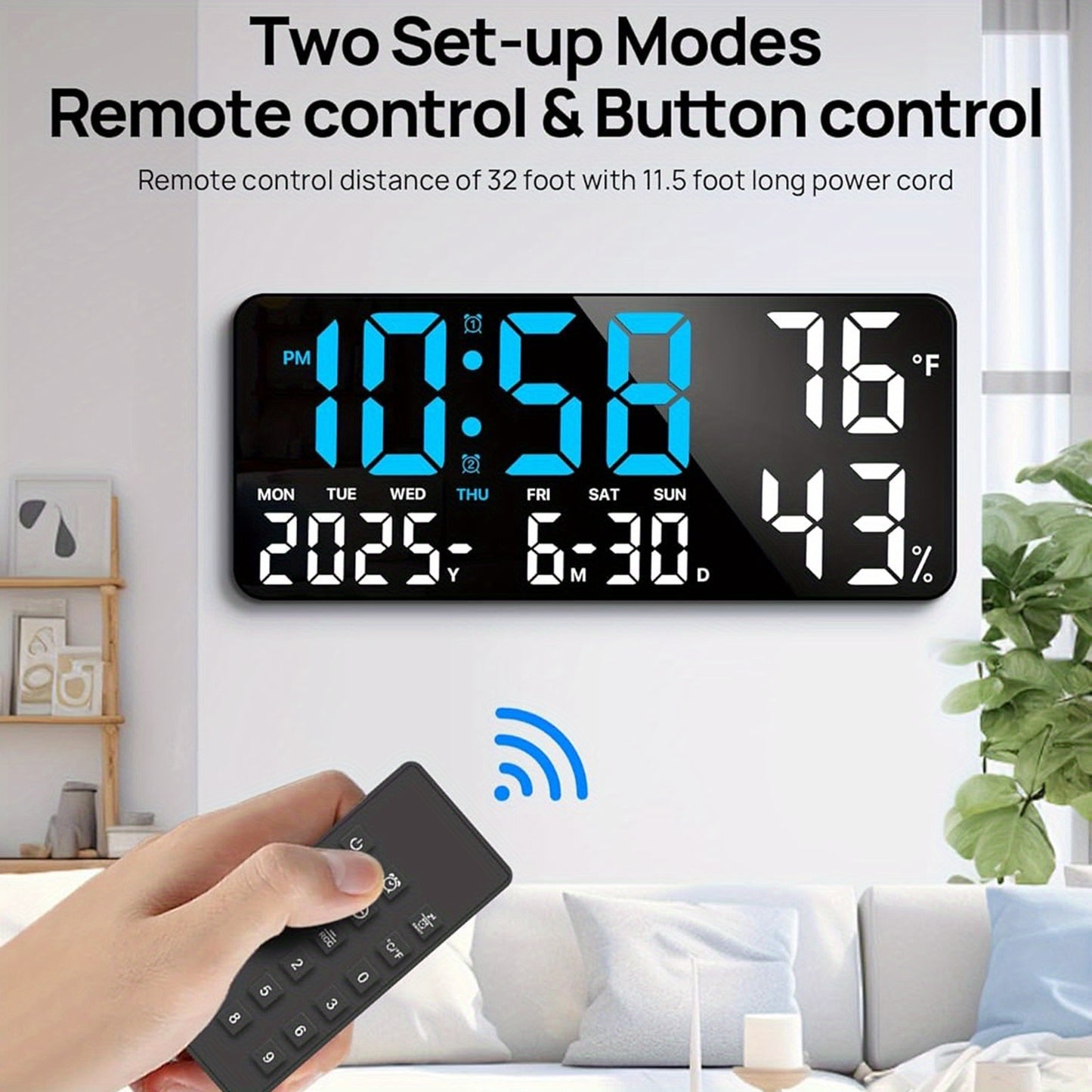 14.6" Large Digital Wall Clock with Remote Control, Dual Alarm, Big LED Display, Night Light, Humidity, Date, Week, Temp - Perfect Father'S Day Gift for Living Room, Bedroom, Elderly
