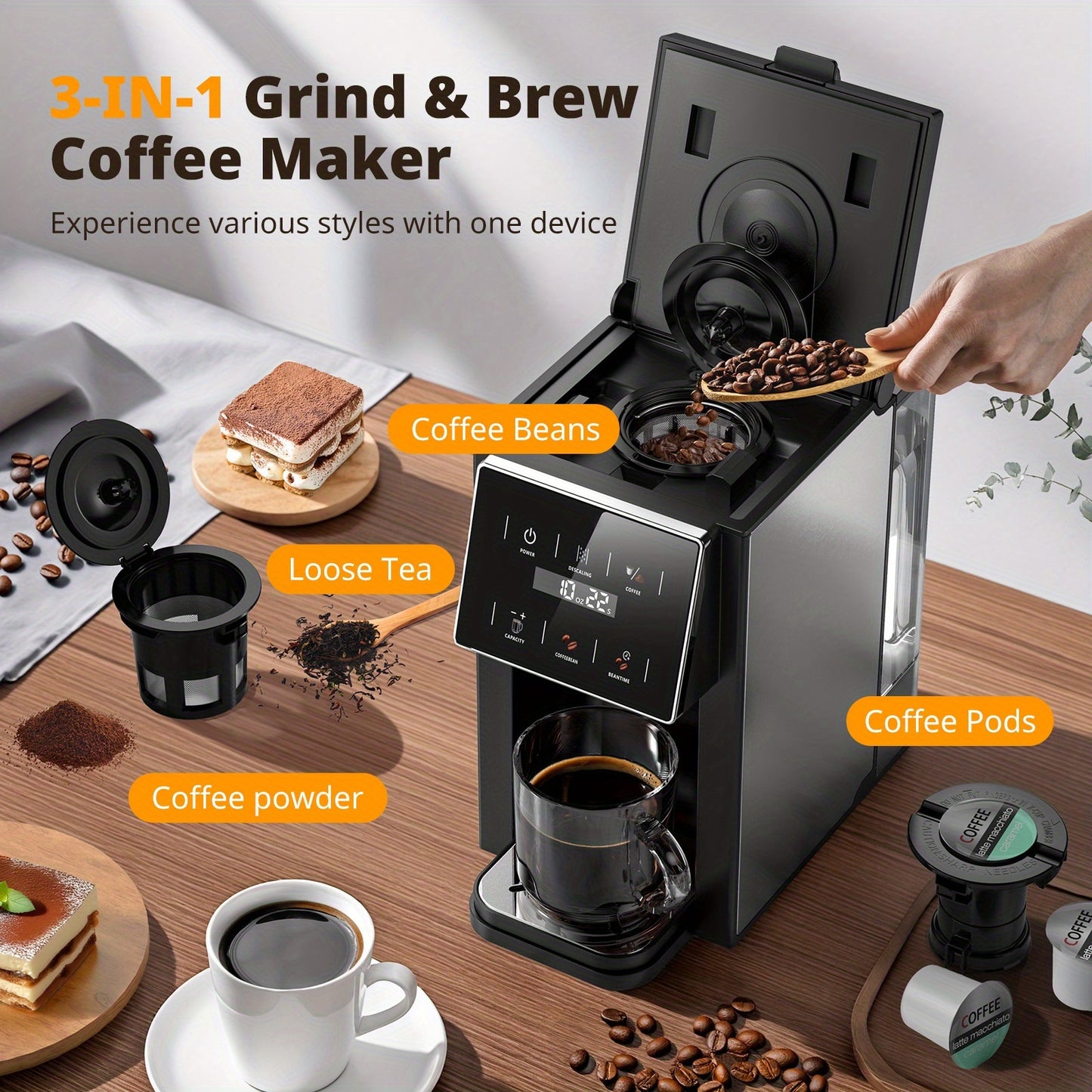All-In-One Coffee Maker With 5 Grind Settings And K-Cup Compatibility