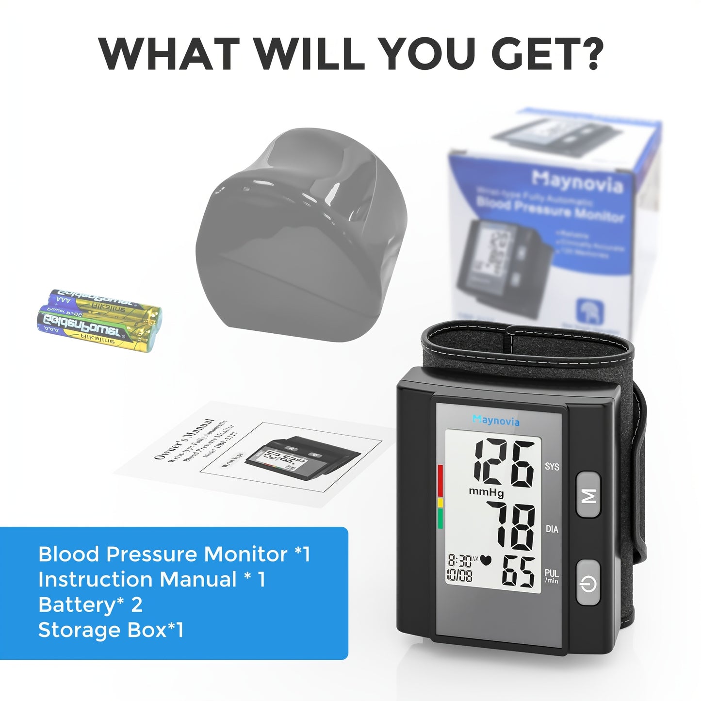Maynovia Automatic Wrist Cuff Blood Pressure Monitors Large LED Display Hypertension Detector For Home Support 2 Users 120x2 Reading Memory With Carrying Box