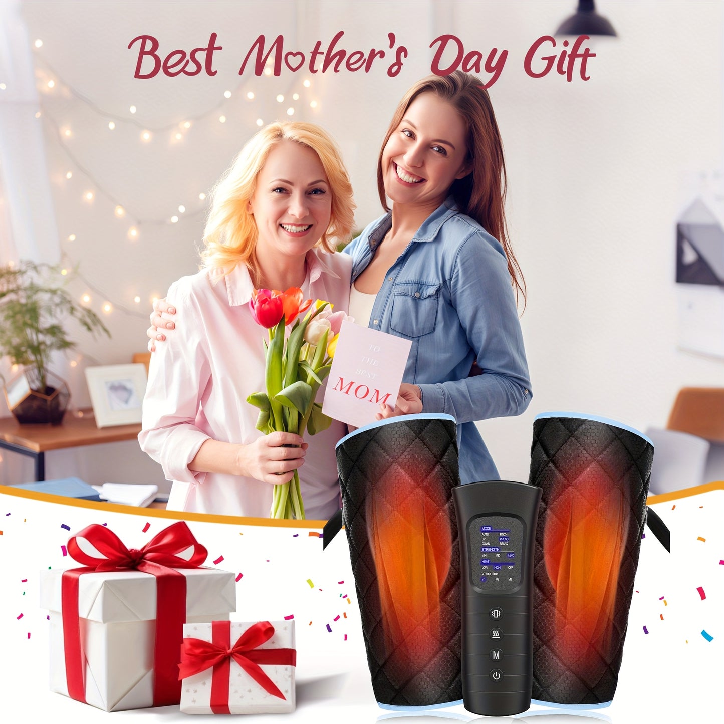 ALLJOY Leg Massager Designed to Enhance Circulation, Featuring Air Compression for The Calves with Six Different Modes, Two Heating Settings, And Three Vibration Options. It Includes Adjustable Wraps And an Automatic Shut-Off