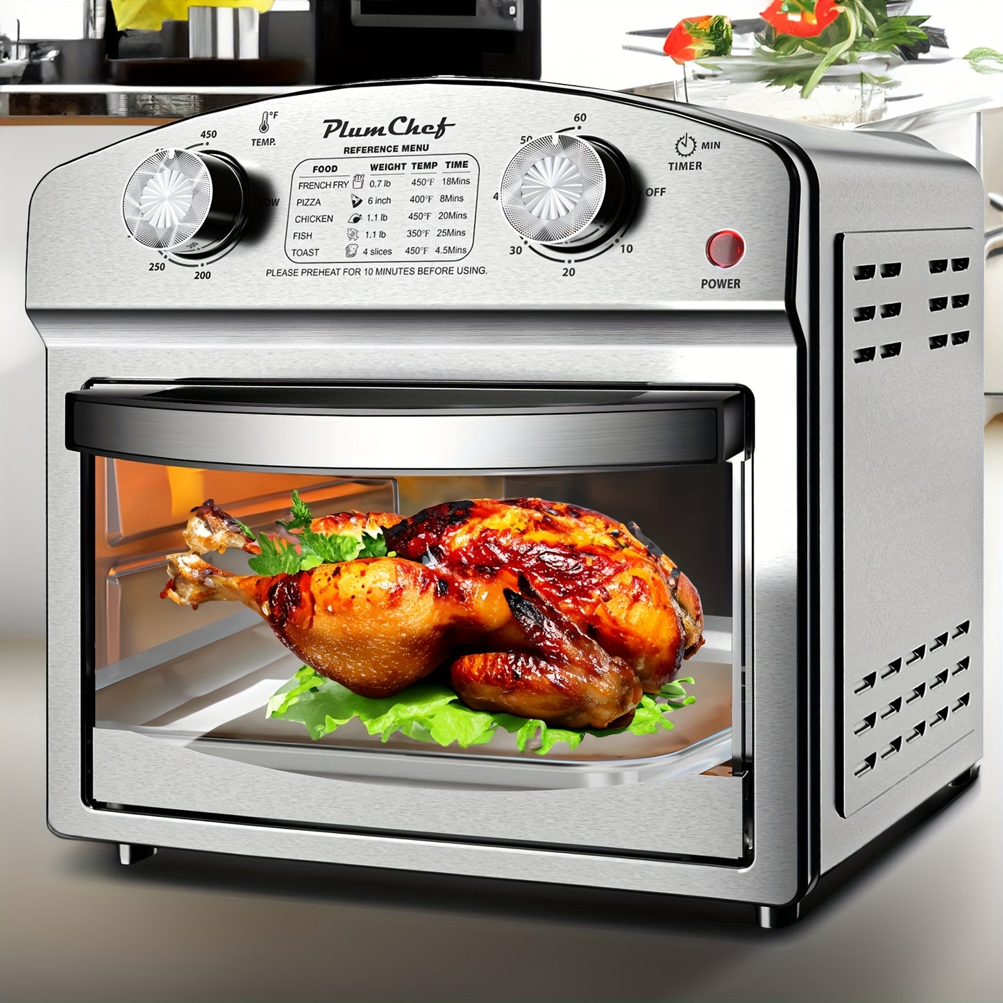 3.17gal Air Fryer Made of Stainless Steel, Featuring Dual Knob Controls, a 60-Minute Timer, And Pre-Set Options for French Fries, Pizza, Chicken, Fish, And Toast, Suitable for Family-Sized Meals.