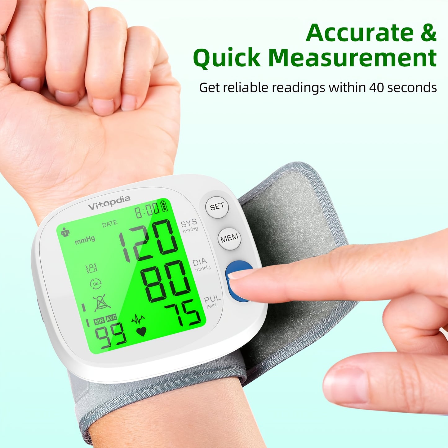 VITOPDIA Blood Pressure Monitor Wrist Digital LED Backlit Display