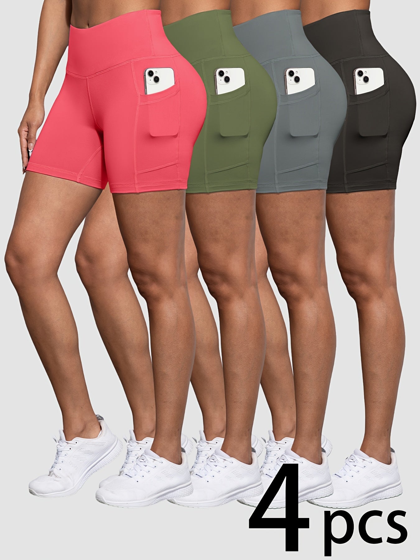4 Pack Biker Shorts for Women with Pockets, 5" High Waisted Tummy Control Workout Yoga Running Gym Tennis Shorts