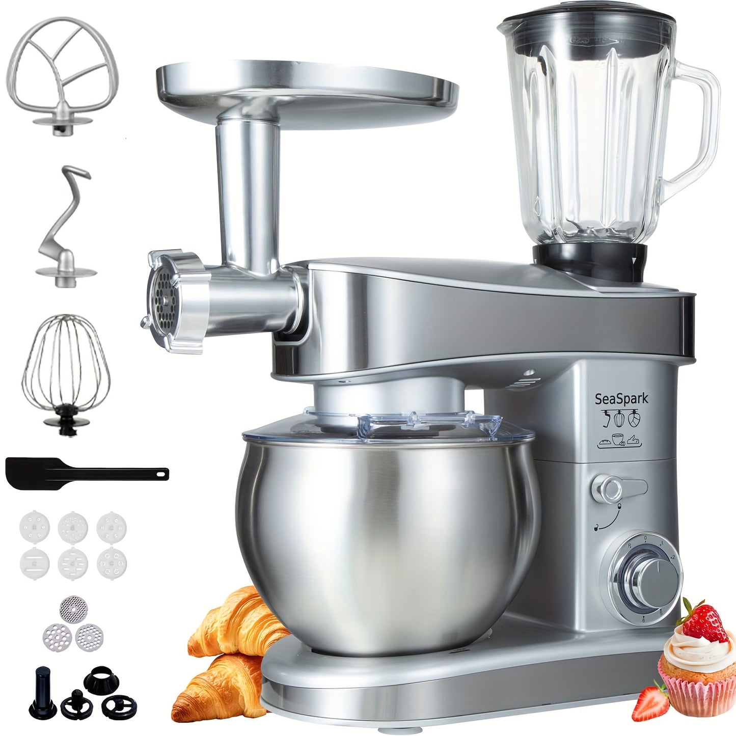 6-in-1 Electric Vertical Mixer, 400W 6-speed with Pulse Button, Accessories with 6.3QT Stainless Steel Bowl, Mixer, Dough Hook, Egg Beater, Spatula, Juicer Accessories, Meat Grinder Accessories and Noodle Pressing Accessories