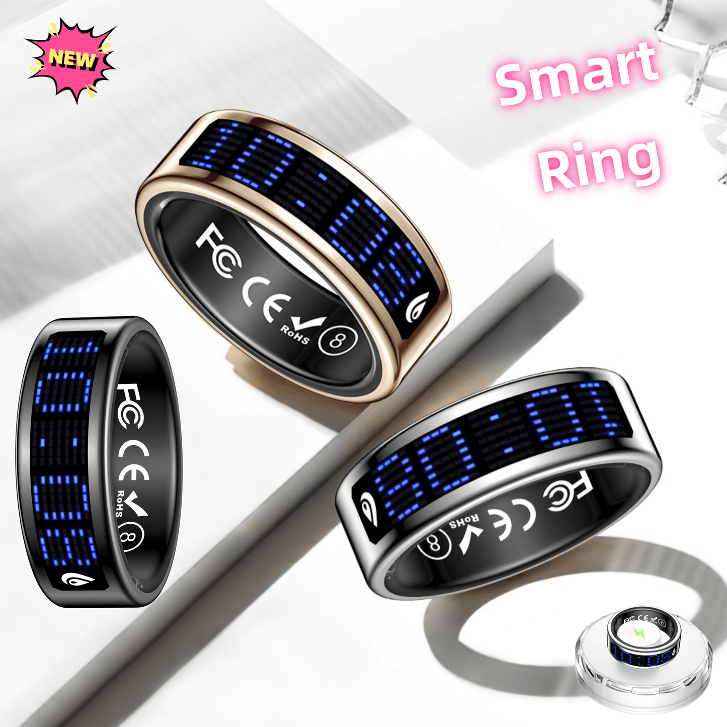 New Style Unisex Smart Ring With Display Screen And Charging Dock. It'S An IP68 Waterproof Fitness Ring And Fitness Tracker. It Can Track Sports, Sleep, Health, And Female Menstrual Cycles. It Supports Incoming Call Alerts, R