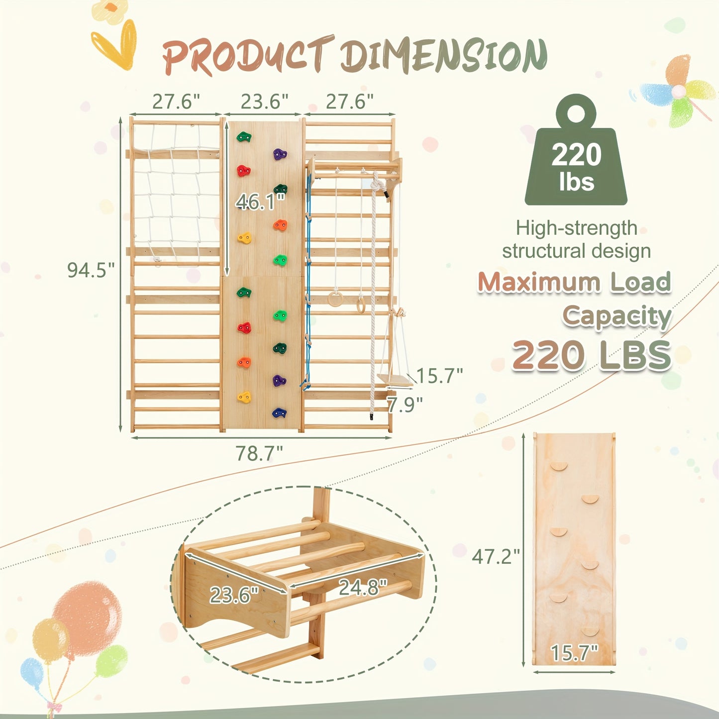 10-in-1 Solid Wood Swedish Ladder Wall Gym - All-in-One Kids & Adult Climbing Frame with Rock Wall, Gymnastics Rings, Pull-Up Bars, Slide, Swing Set | Indoor/for home Playground Equipment, Easy Assembly, Space-Saving Multi- A