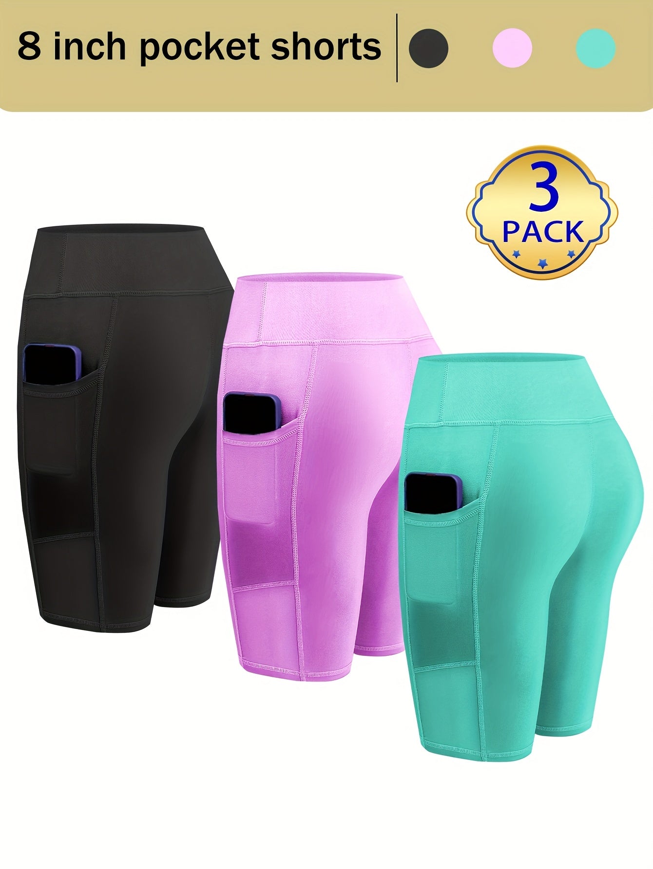 Womens 3pcs Biker Yoga Shorts with Pockets Short Leggings 8" Inseam Tummy Control High Waisted Spandex Athletic Running Workout Gym Shorts
