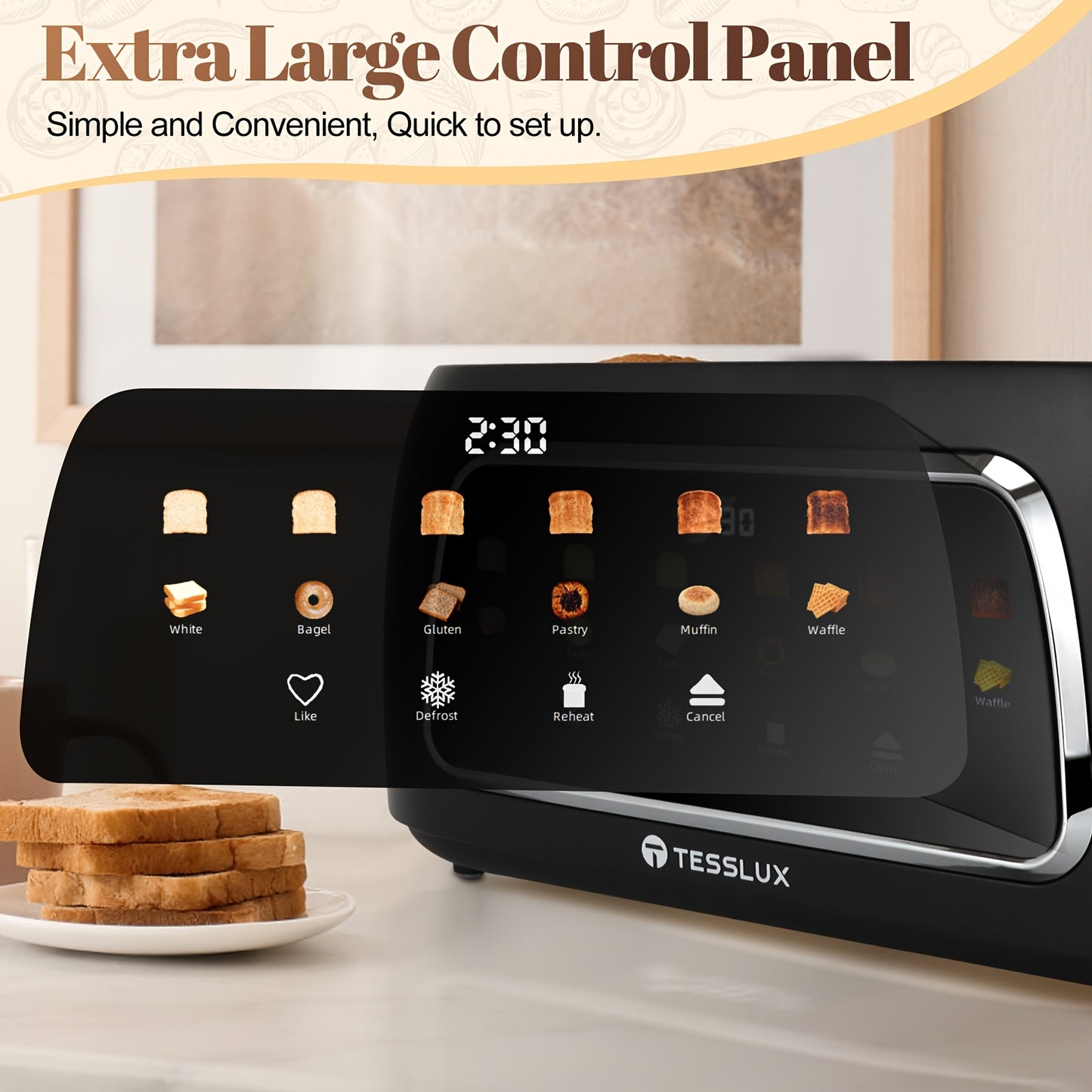 4 Slice Toaster With Touch Screen Control, 1.5" Wide Long Slots, 6 Browning Levels & 6 Bread Types, Digital Timer, Memory, Defrost, Reheat (BLACK)