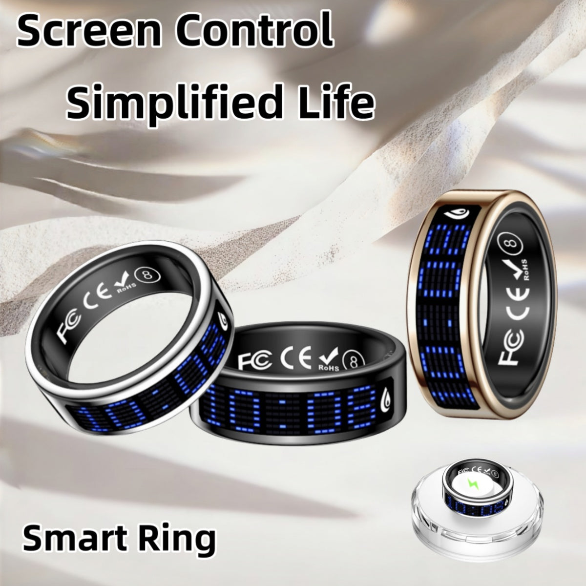 New Style Unisex Smart Ring With Display Screen And Charging Dock. It'S An IP68 Waterproof Fitness Ring And Fitness Tracker. It Can Track Sports, Sleep, Health, And Female Menstrual Cycles. It Supports Incoming Call Alerts, R