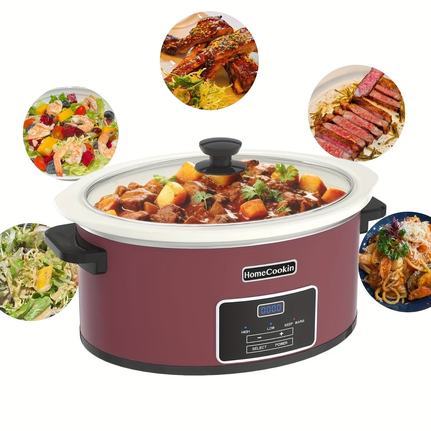 8 Quart Large Digital Slow Cooker with Stoneware Pot - Programmable Slow Cooker with Keep Warm Function, Digital Display & One-Touch Operation, 240W, Red/Blue//Black - Ideal for Family Dinners, Roasts, Stews