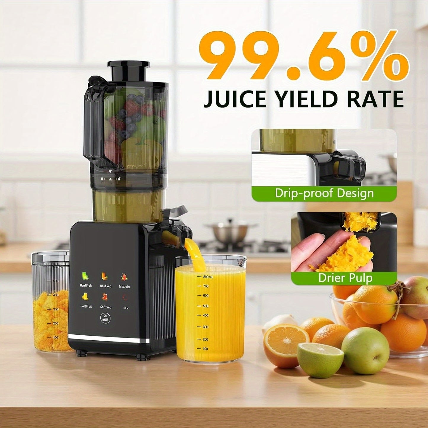 Cold Press Juicer, Large Feed Chute Juice High Juice Yield with Slow Masticating Juicer for Whole Vegetables & Fruits, Easy Assemble & Cleaning