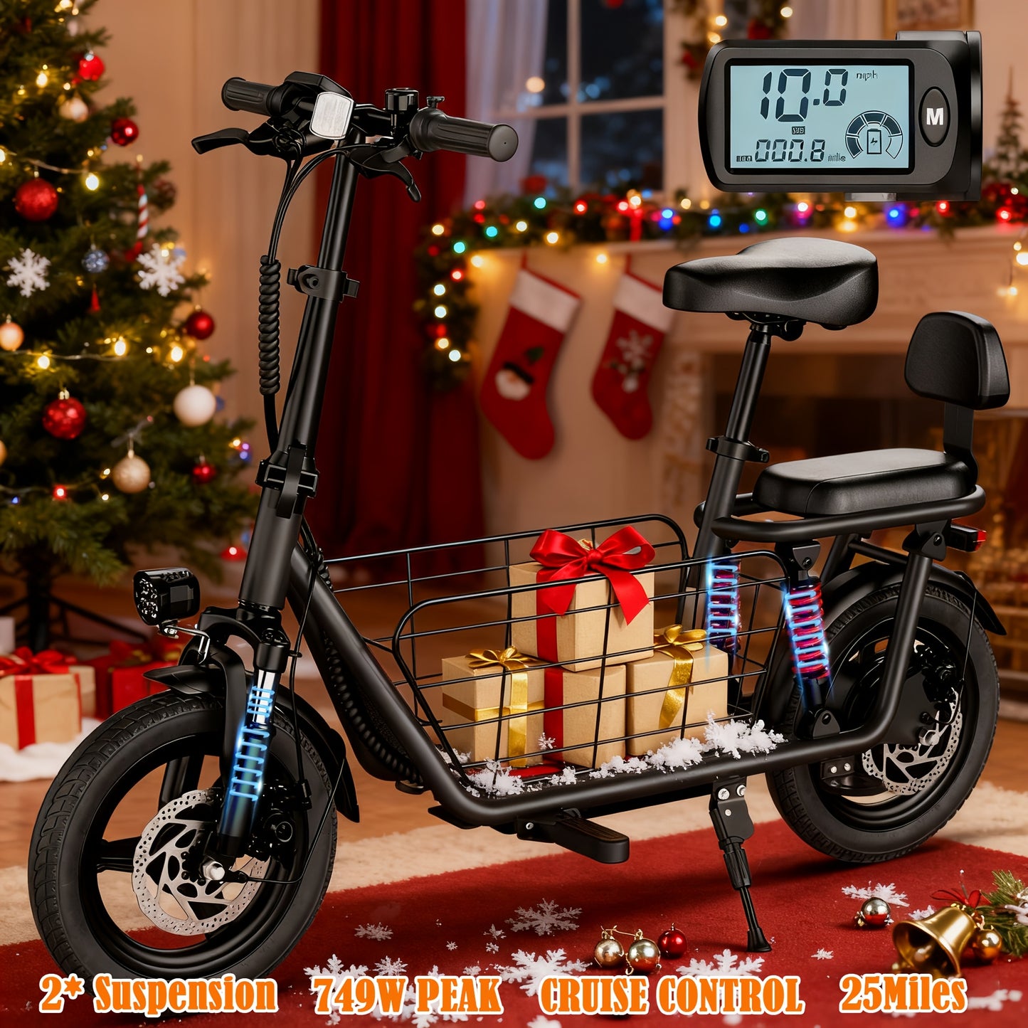 749W Peak Cargo Electric Scooter - 25 Mile Range, 20MPH, Dual Suspension, LCD Display, 330lbs Max Load, Adult Ebike with Basket & Cruise Control, Commuter Bike for Urban Travel, Black, Electric Scooter for Adults, Commuter Bi