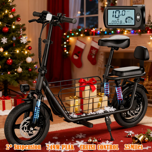 749W Peak Cargo Electric Scooter - 25 Mile Range, 20MPH, Dual Suspension, LCD Display, 330lbs Max Load, Adult Ebike with Basket & Cruise Control, Commuter Bike for Urban Travel, Black, Electric Scooter for Adults, Commuter Bi