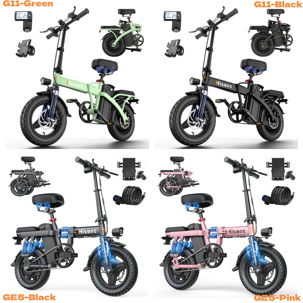 Hisent Adult Folding Electric Bike | 500W Rated, 740W Brushless Motor, 48V 6Ah/10Ah/15Ah/17.5Ah Lithium Battery, 8-32 Miles Range, 14 High-quality Tires, Alloy Steel Frame, LCD Display, Front and Rear