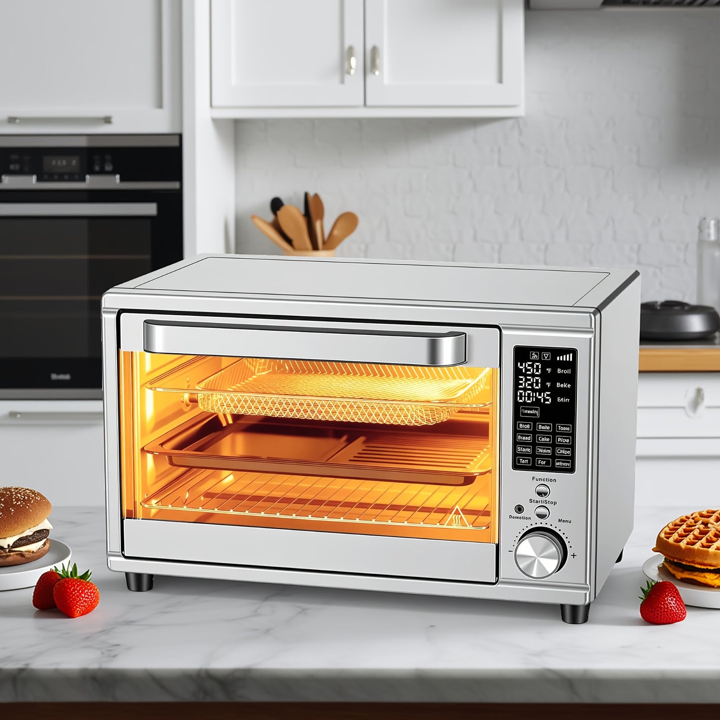Air Fryer Toaster Oven Combo, Large/ Extra Large Countertop Convection Oven, 450°F, Stainless Steel, Includes 4/7 Accessories (Rotisserie, Tray, Rack, Pan)