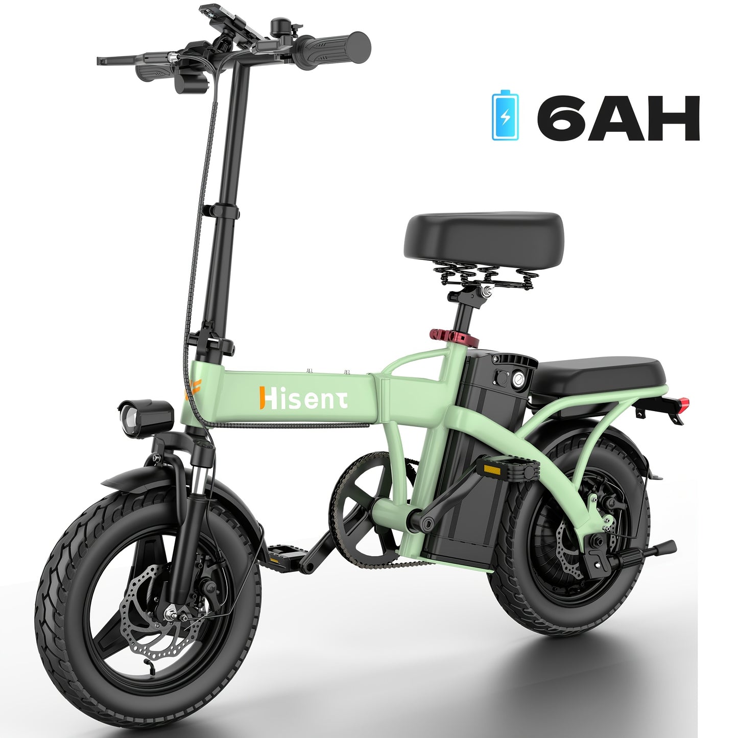 Hisent Foldable Electric Bike For Adults - Rated Power: 500W, Peak Power: 740W, Brushless Motor. Speed: 20MPH. Removable Battery: 48V 6Ah/10Ah/15Ah/17.5/20Ah. 14-inch High-quality Tires. Disc Brake + Front Suspension. LCD Scr