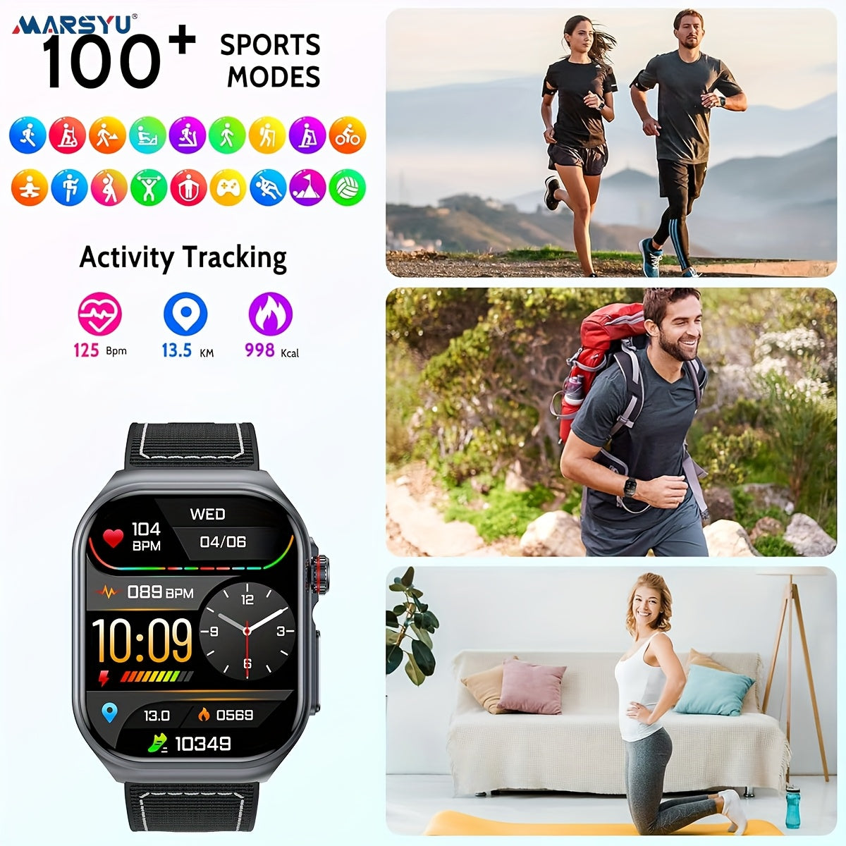 Smartwatch with 2.04" AMOLED Display, Long-Lasting Battery, Wireless Calling & NFC, Compatible for Android/iOS Smartphones, Voice Assistant/SOS, Menstrual Tracker & Weather App, Magnetic Charging, Unisex Smartwatch for Men &