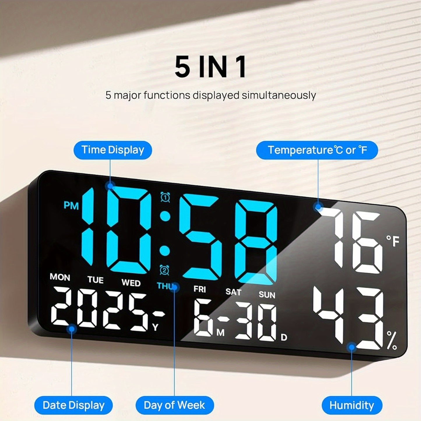 14.6" Large Digital Wall Clock with Remote Control, Dual Alarm, Big LED Display, Night Light, Humidity, Date, Week, Temp - Perfect Father'S Day Gift for Living Room, Bedroom, Elderly