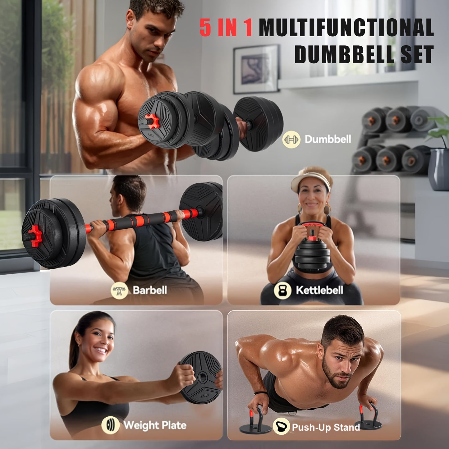 Adjustable Dumbbell Set, 20/30/40/60/90/110LBS Free Weights Set with Upgraded Nut, 5in 1 Weight Set Used As Dumbbell, Barbell, Kettlebell, Push-up Rack, Weight Plates, Home Gym Fitness Workout.Suitable for Men/Women.Great Hal