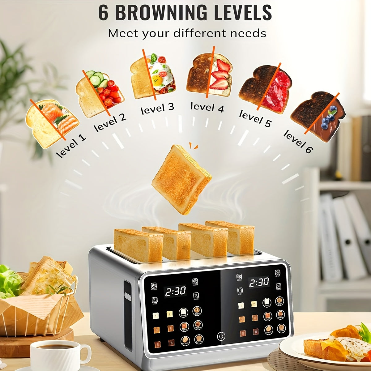 Toaster 4 Slice, Digital Smart Toaster with TouchScreen, Dual Control Panel, Single Slot Toasting, Timer, Reheat & Defrost for Bagels, Bread, Waffles, Stainless Steel Kitchen Essentials