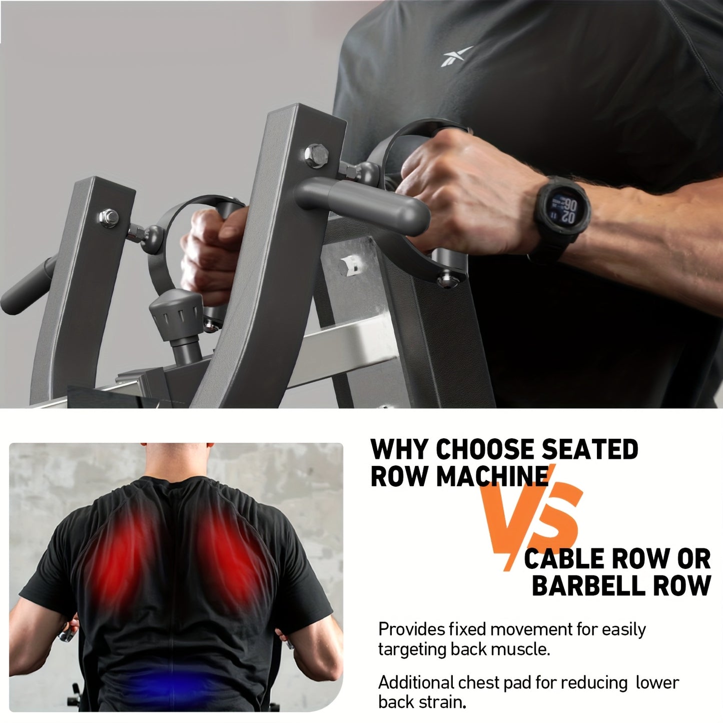 400lb Capacity Seated Row Machine with Adjustable Back & Independent Arms, Multi-Grip Positions, Plate Loaded Design - Home Gym Workout Equipment for Full-Body Strength Training, Sleek Red & Black Finish, Sturdy Construction