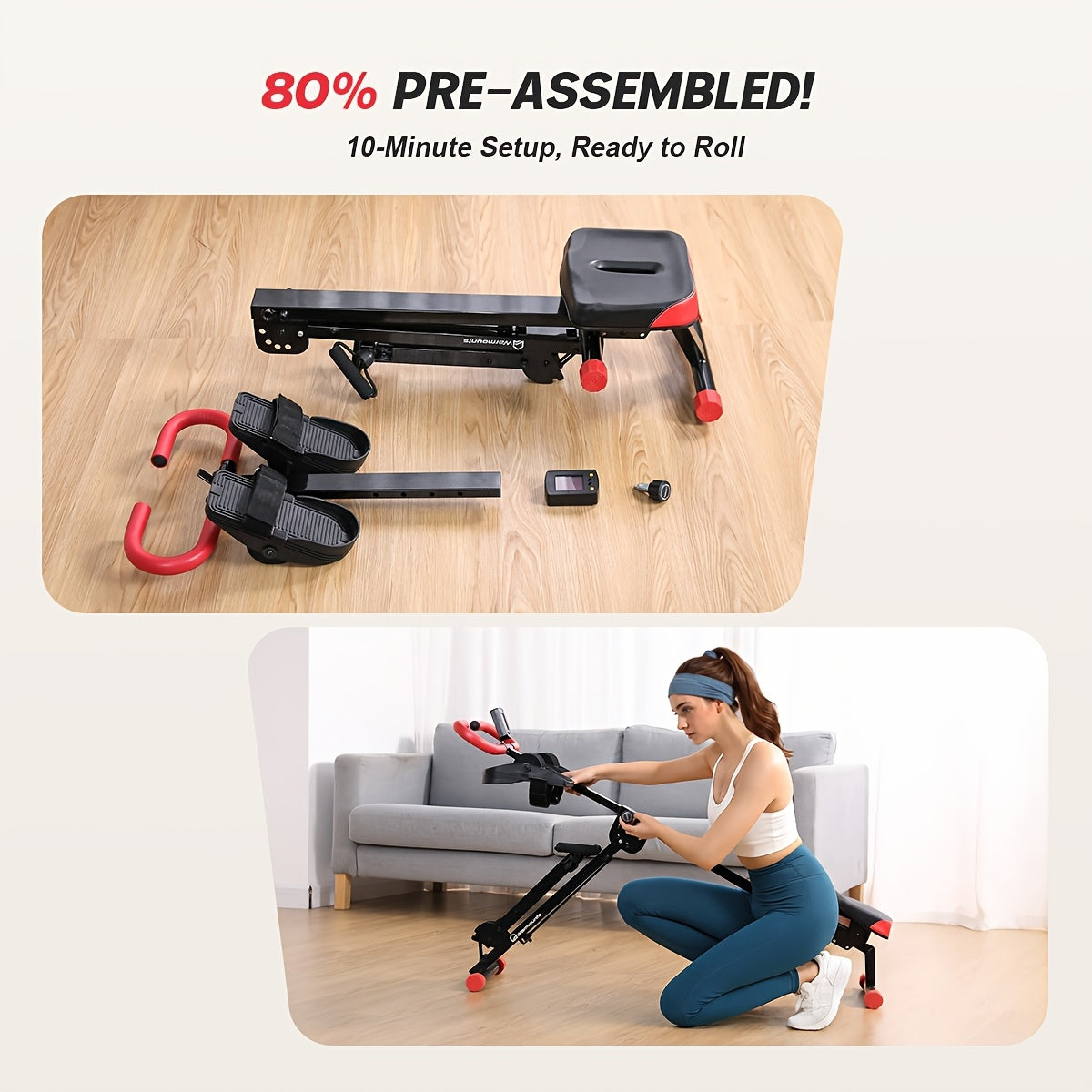 WARMOUNTS Rowing Machine, 4-in-1 Foldable for Home Gym, 2-Level Adjustable Resistance, 4 Adjustable Handle Heights, LCD Monitor, 260 lbs Capacity, Without Battery
