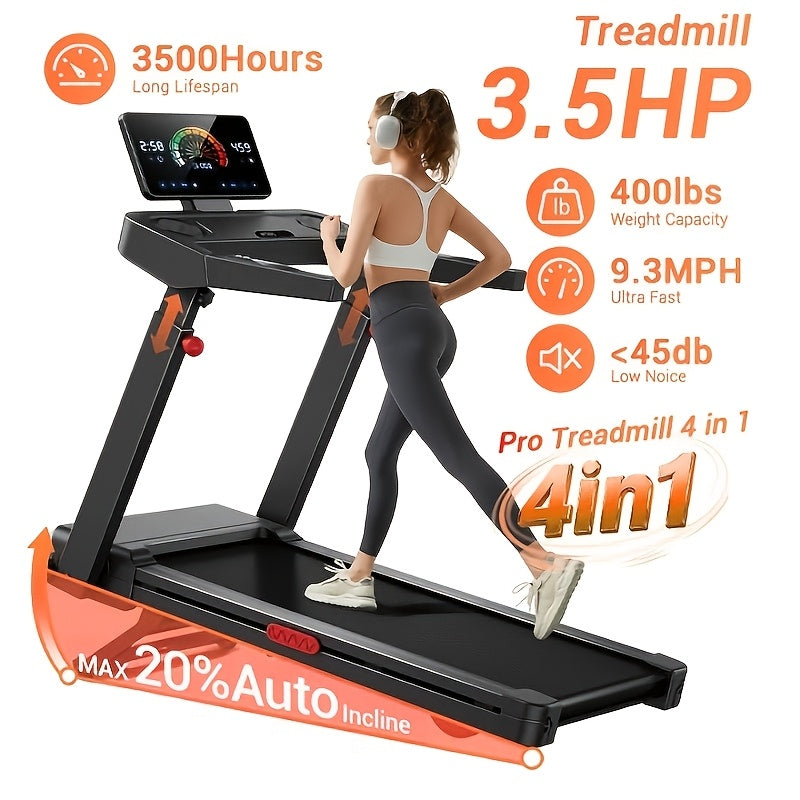 UMAY Treadmill Foldable Auto-Incline, 3-Level Height, Quiet 3.5HP