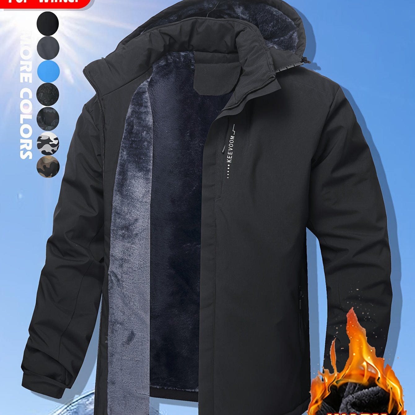 Keevoom Coat Hooded Fleece-Lined Winter Water-Resistant