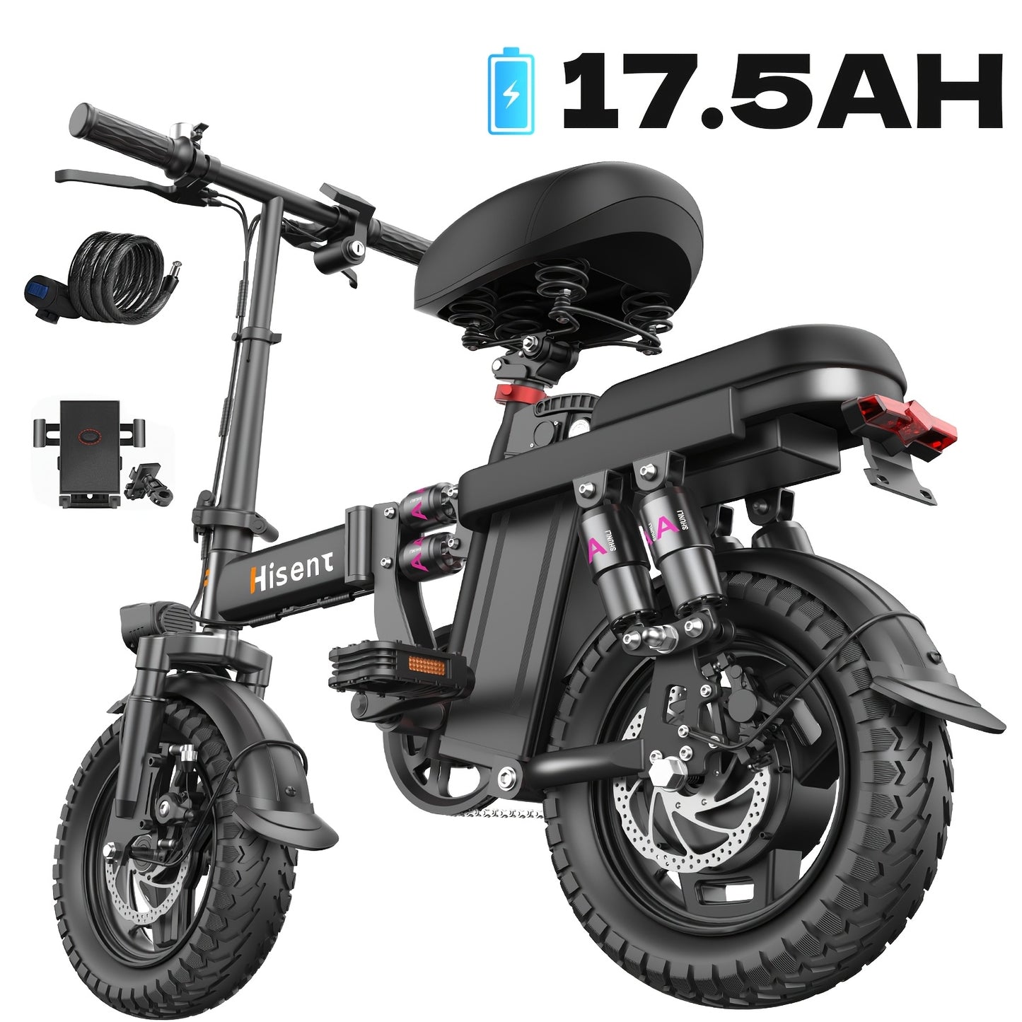 Hisent Adult Folding Electric Bike | 500W Rated, 740W Brushless Motor, 48V 6Ah/10Ah/15Ah/17.5Ah Lithium Battery, 8-32 Miles Range, 14 High-quality Tires, Alloy Steel Frame, LCD Display, Front and Rear