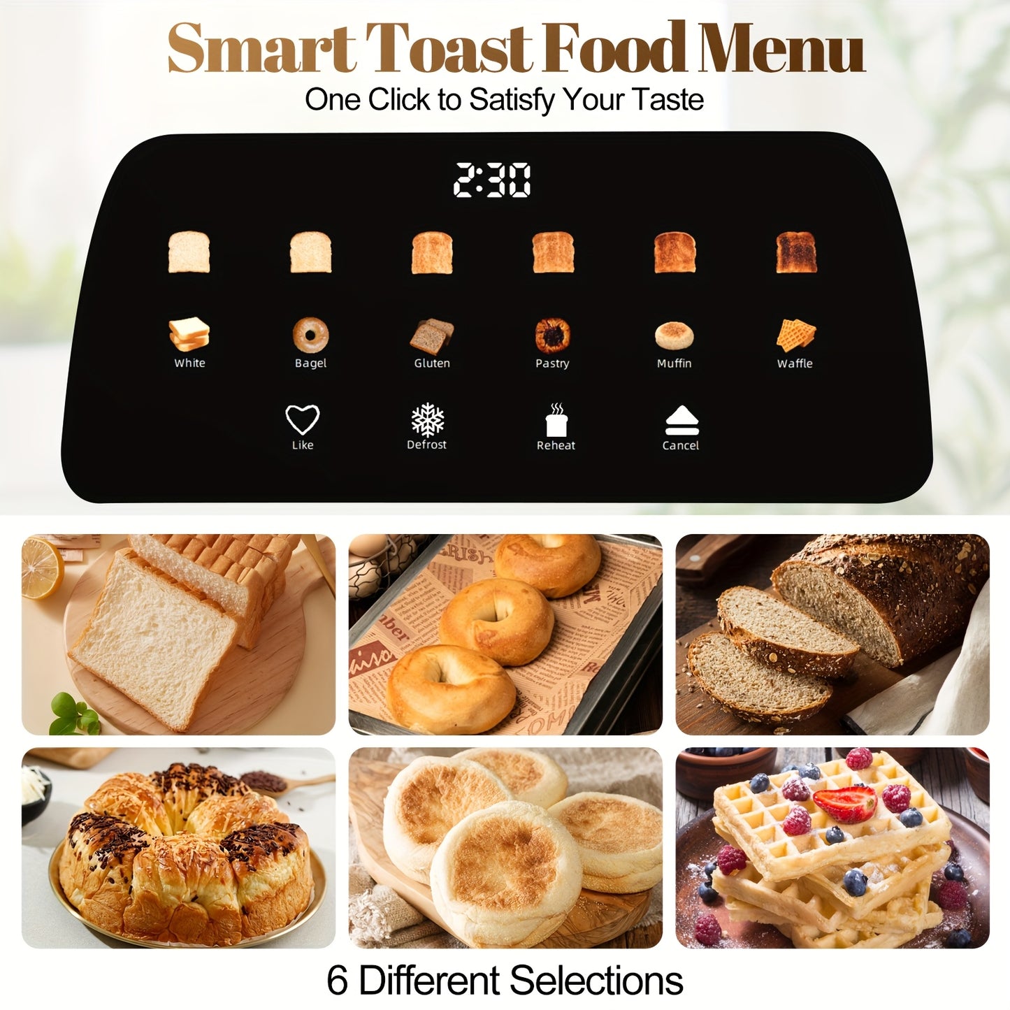 4 Slice Toaster With Touch Screen Control, 1.5" Wide Long Slots, 6 Browning Levels & 6 Bread Types, Digital Timer, Memory, Defrost, Reheat (BLACK)
